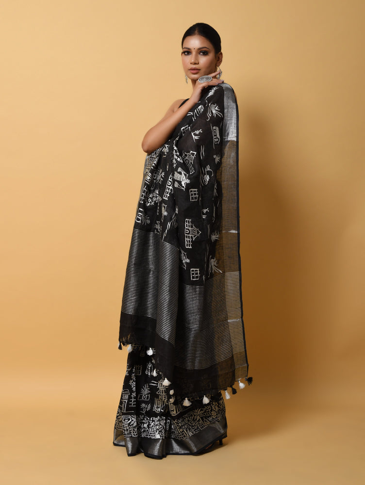 Black Linen Saree with Thread Embroidery in Designer Figure Motives