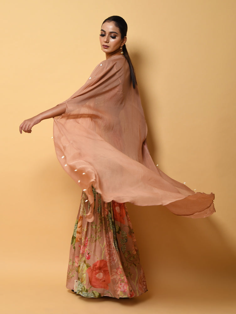 Brown Georgette Dress with Digital Print Sharara Pants, Hand-Embroidered Blouse, and Pure Georgette Cape