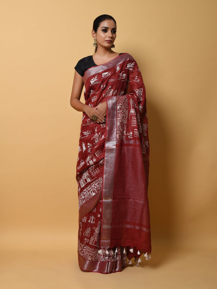 Red Linen Saree with Thread Embroidery in Designer Figure Motives
