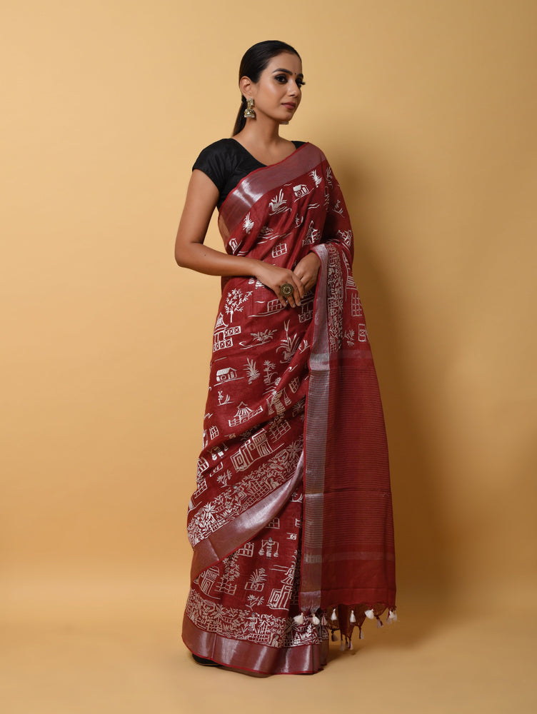 Red Linen Saree with Thread Embroidery in Designer Figure Motives
