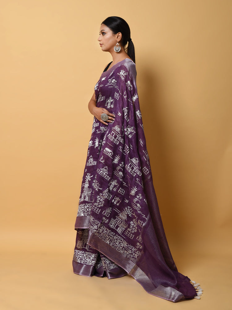 Purple Linen Saree with Thread Embroidery in Designer Figure Motives