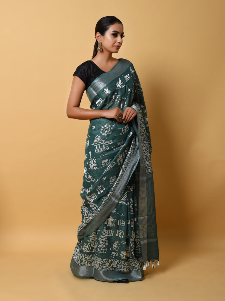 Green Linen Saree with Thread Embroidery in Designer Figure Motives