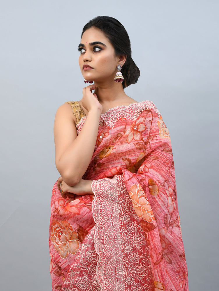 Multicolored Flower Print Organza Saree with Thread Embroidery