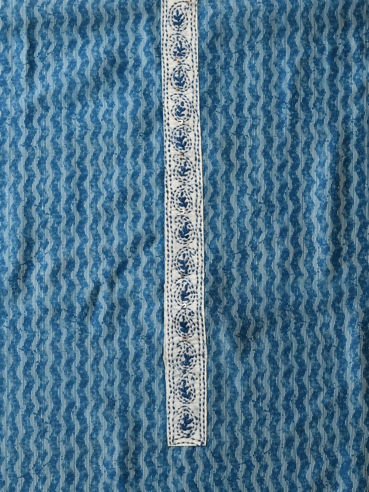 Blue Cotton Suit with Light Thread Embroidery