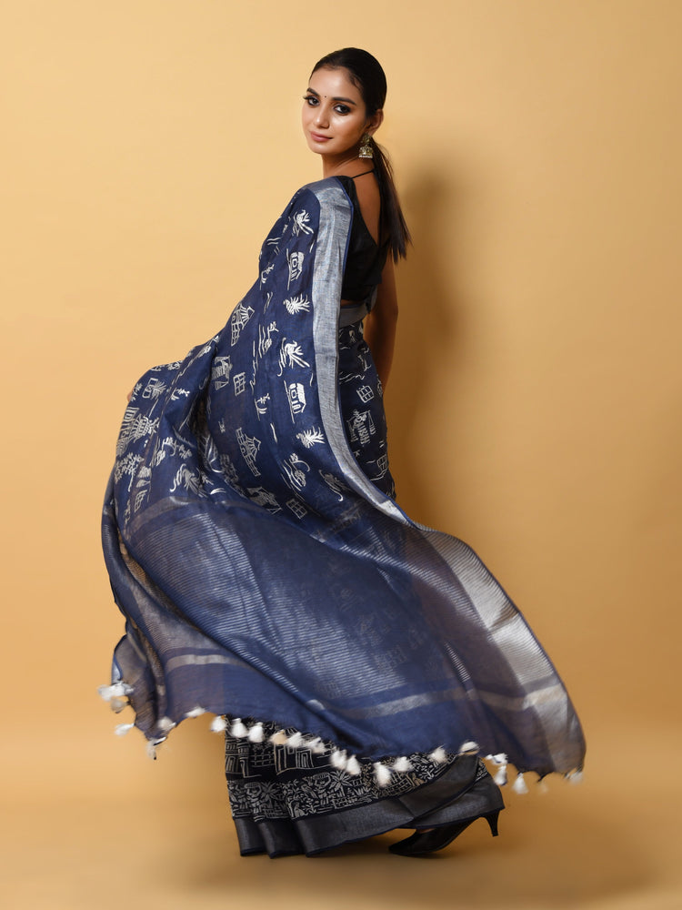 Blue Linen Saree with Thread Embroidery in Designer Figure Motives
