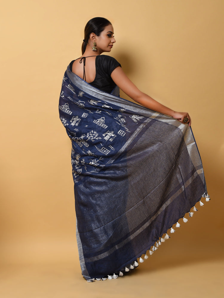 Blue Linen Saree with Thread Embroidery in Designer Figure Motives