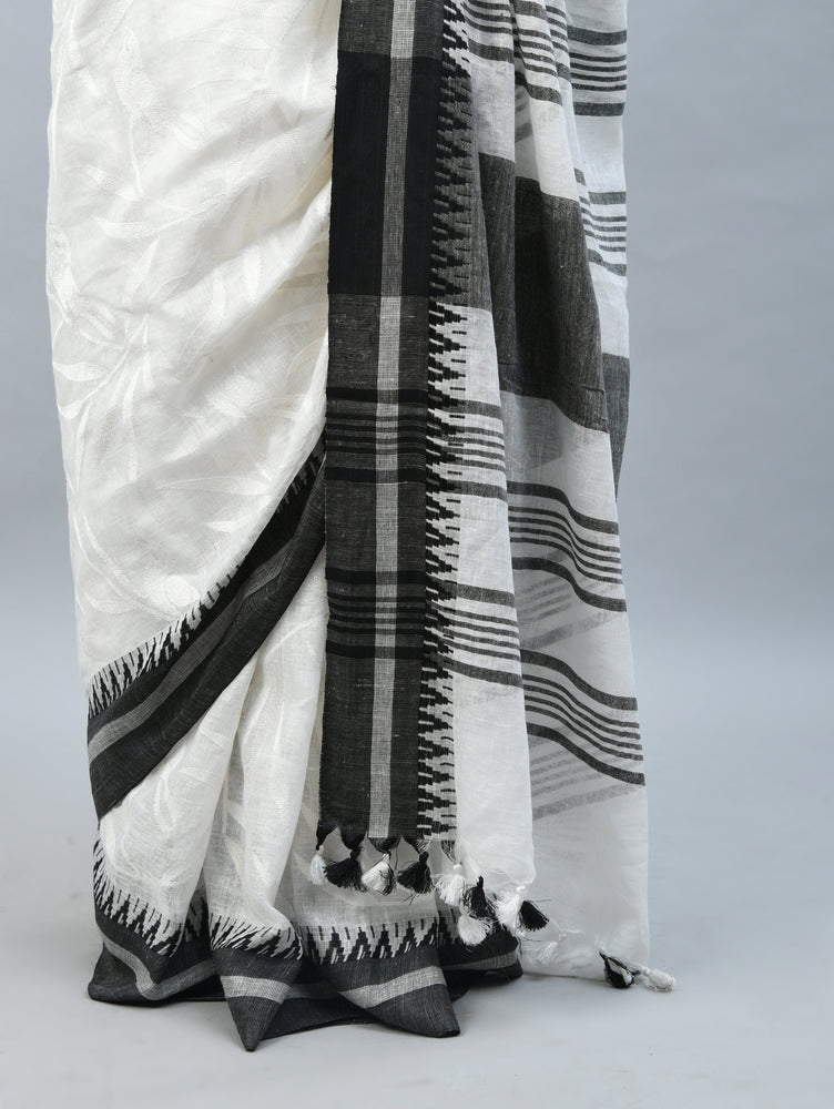 White Linen Saree with Thread Embroidery