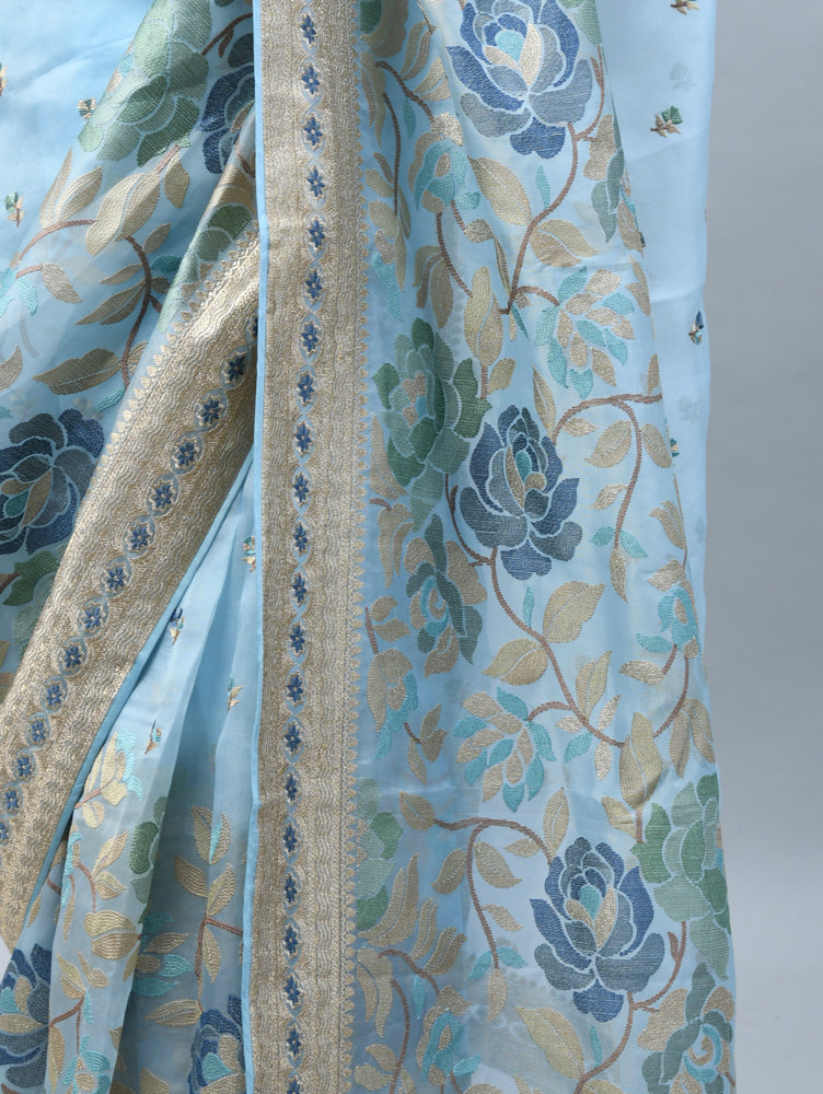 Greyish Blue Pure Organza Saree with Thread Embroidery