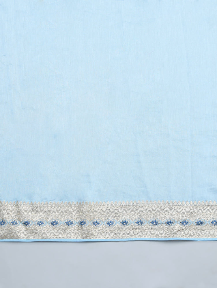Greyish Blue Pure Organza Saree with Thread Embroidery