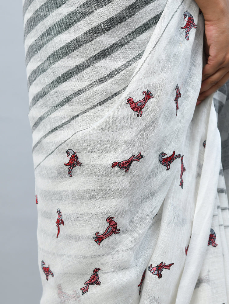 Cream and Grey Linen Saree with Thread Bird Motifs