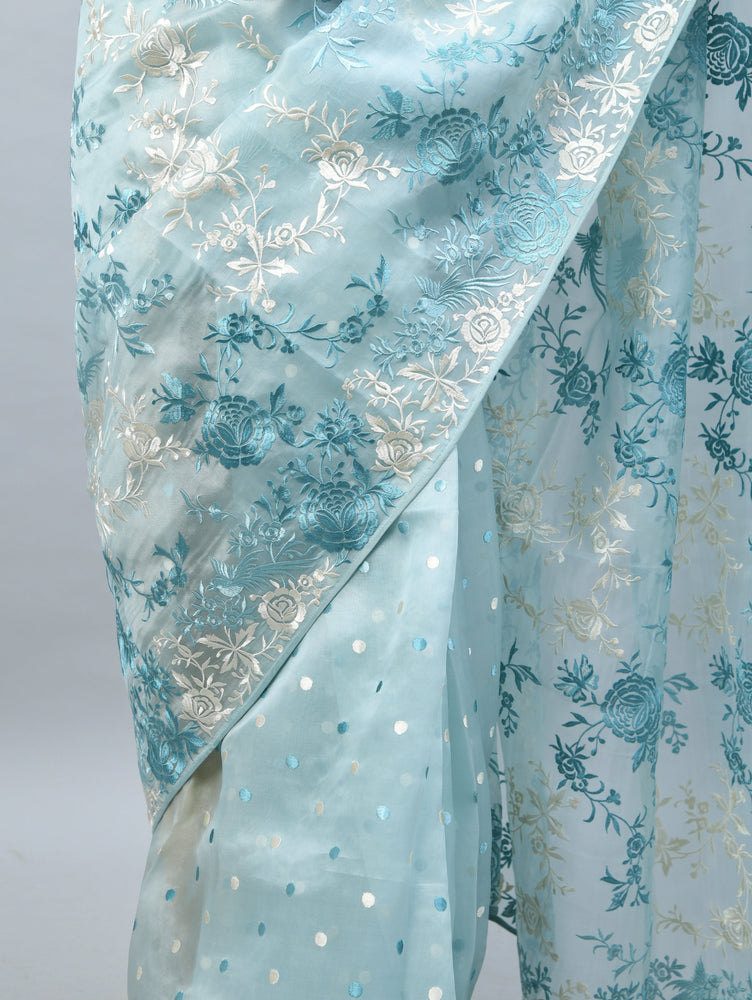 Sky Blue Organza Saree with Thread Embroidery