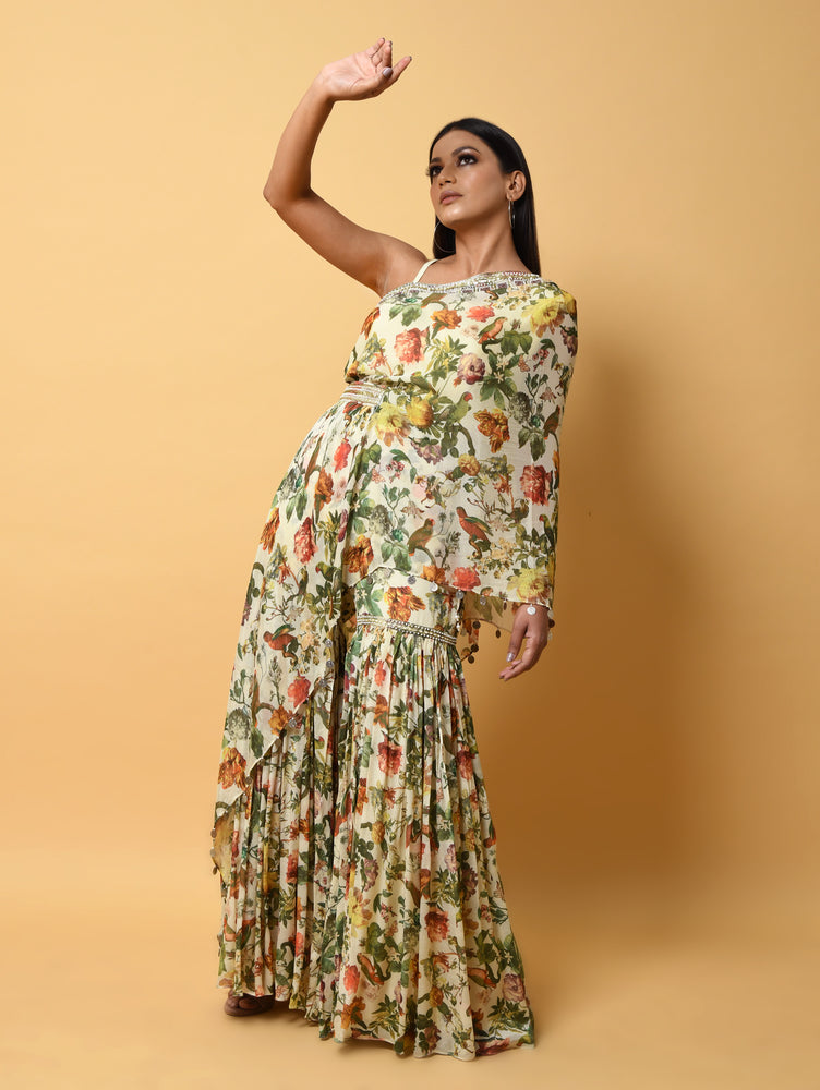 Ivory Pure Floral Print Dress with Sharara Pants and Hand-Embroidered Belt
