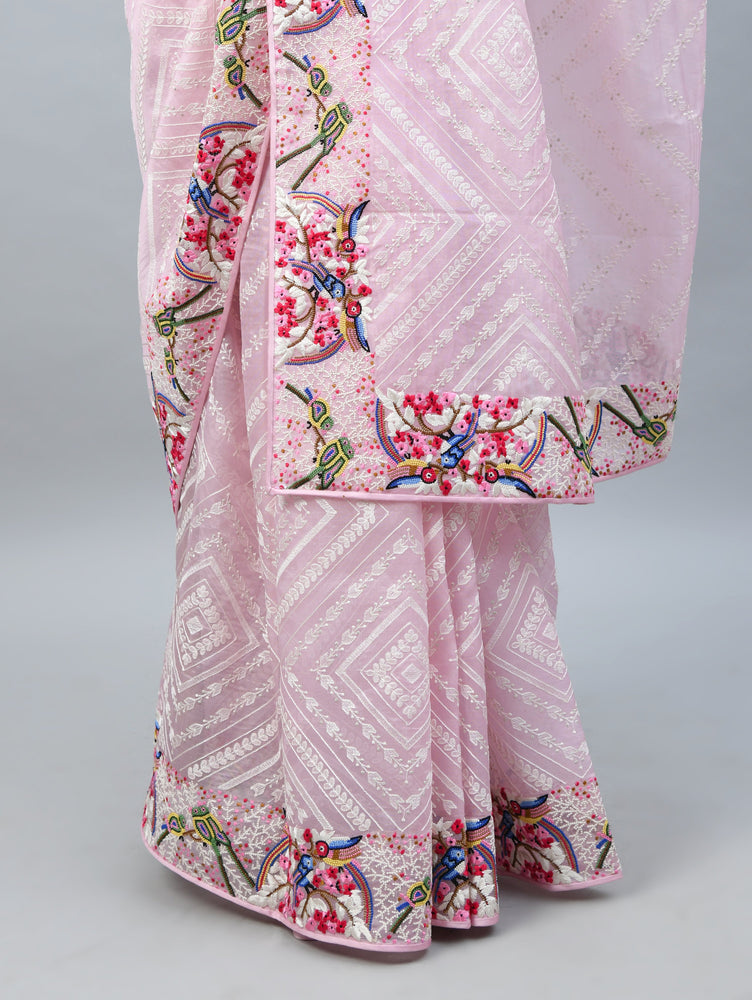 Pink Organza Saree with Geometrical Resham Embroidery Design