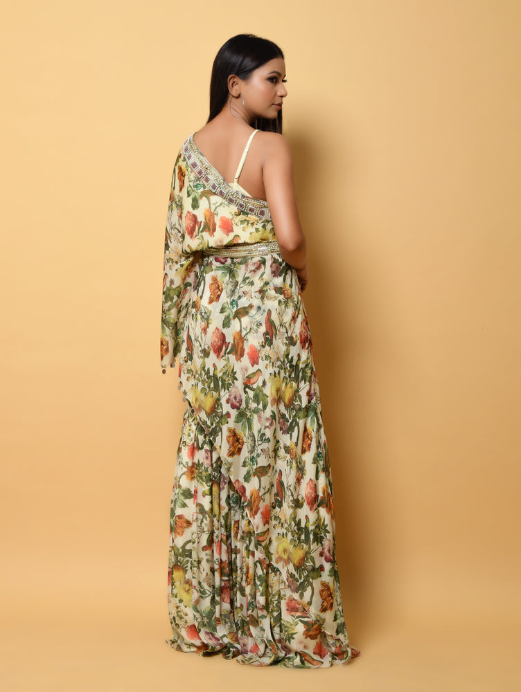 Ivory Pure Floral Print Dress with Sharara Pants and Hand-Embroidered Belt