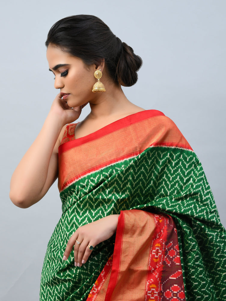 Green Saree with Red Border and Ikkat Weaving
