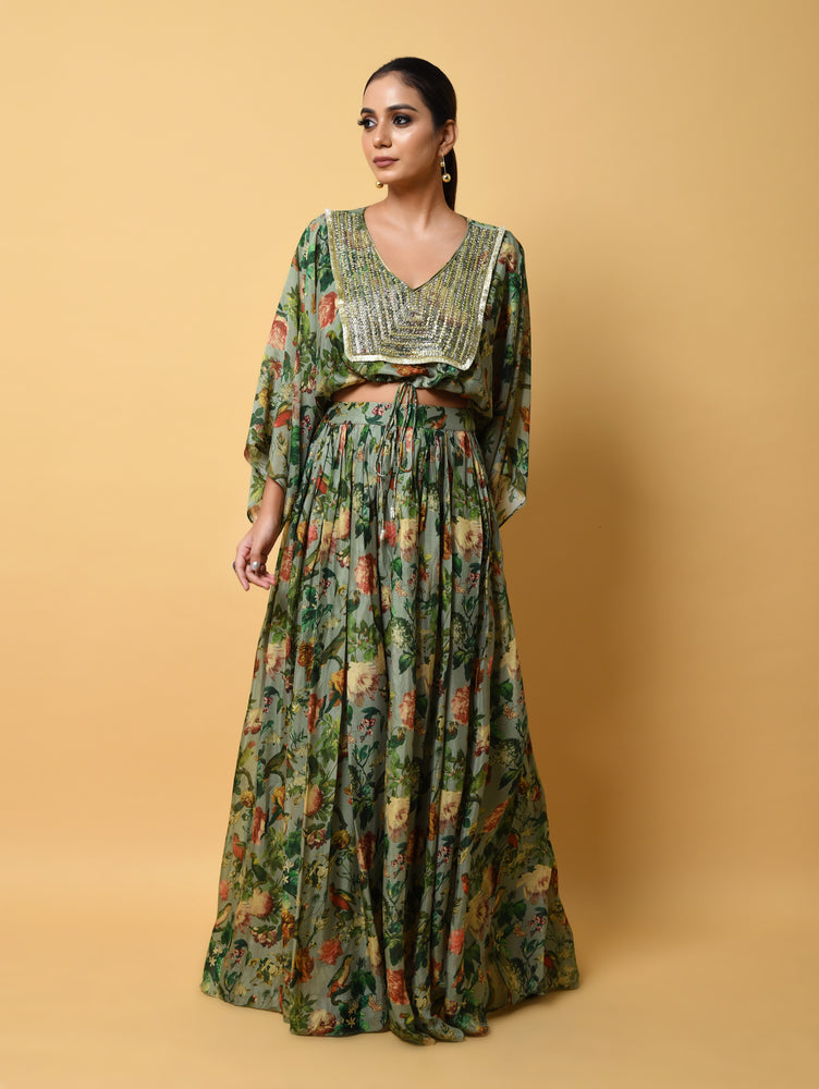 Green Pure Georgette Dress with Long Printed Skirt and Hand-Embroidered Printed Top