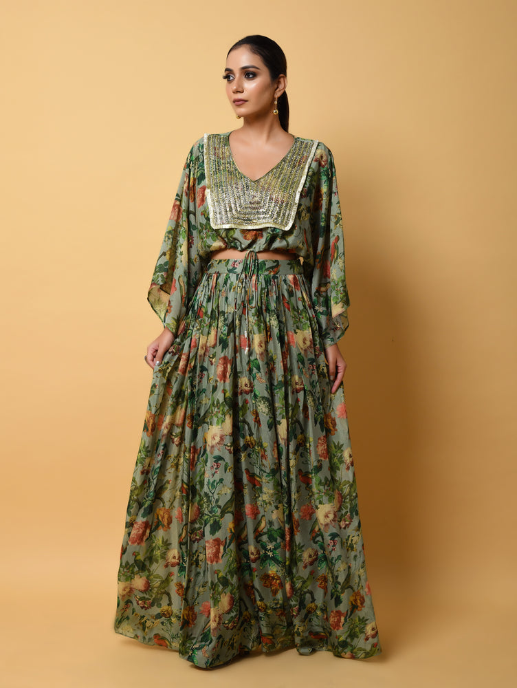 Green Pure Georgette Dress with Long Printed Skirt and Hand-Embroidered Printed Top