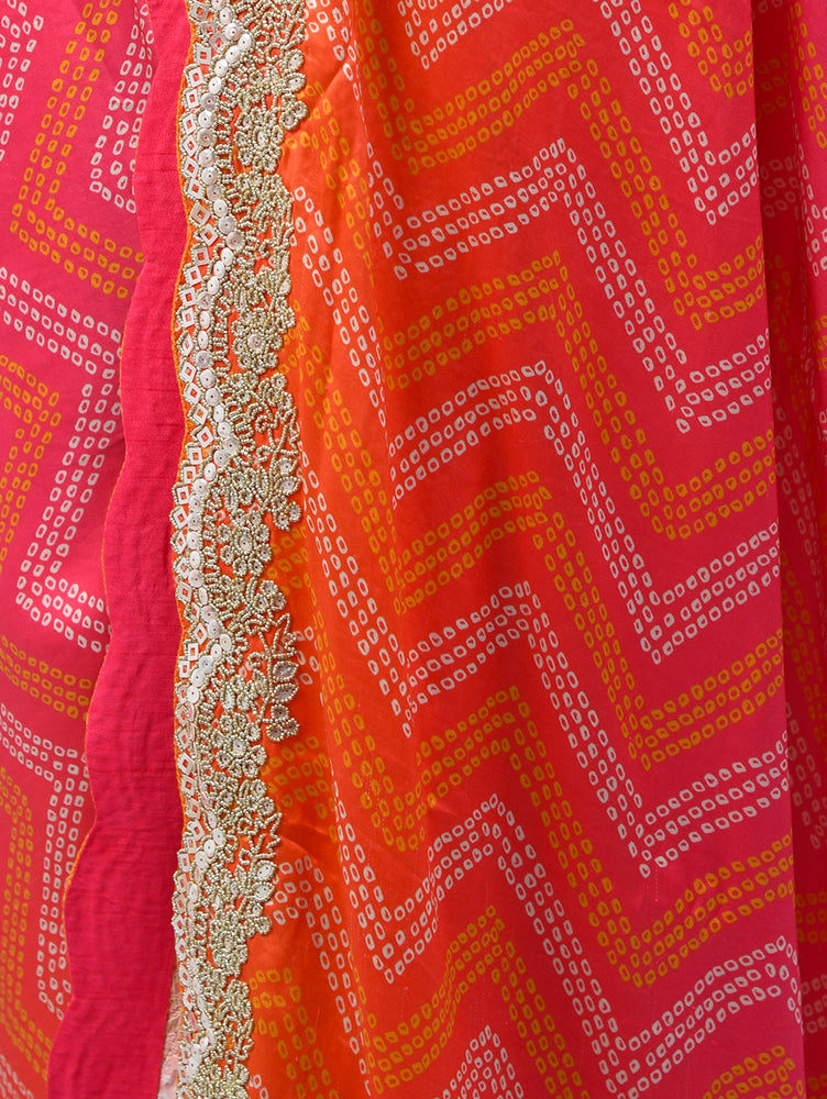 Pink And Orange Silk Saree with Bandhani Print and Beats Work