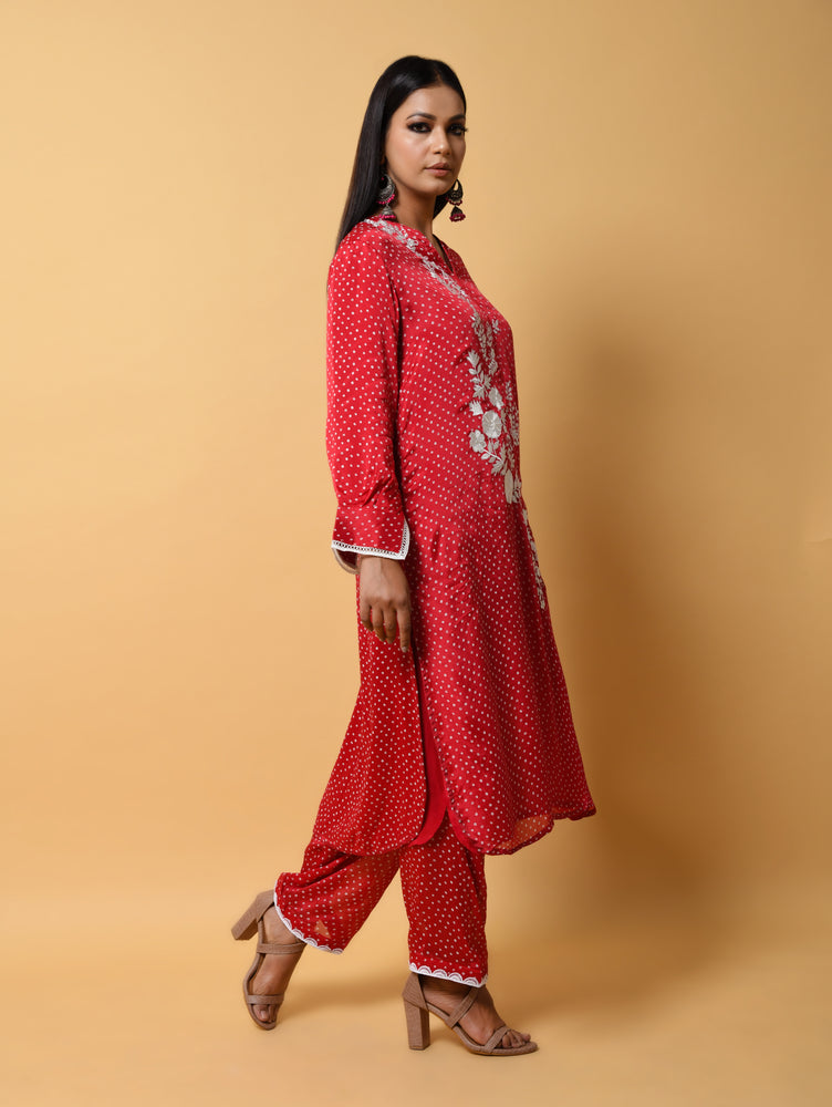 Red Bandhani Print Georgette Suit with Bandhani Print Pants and Thread Embroidery