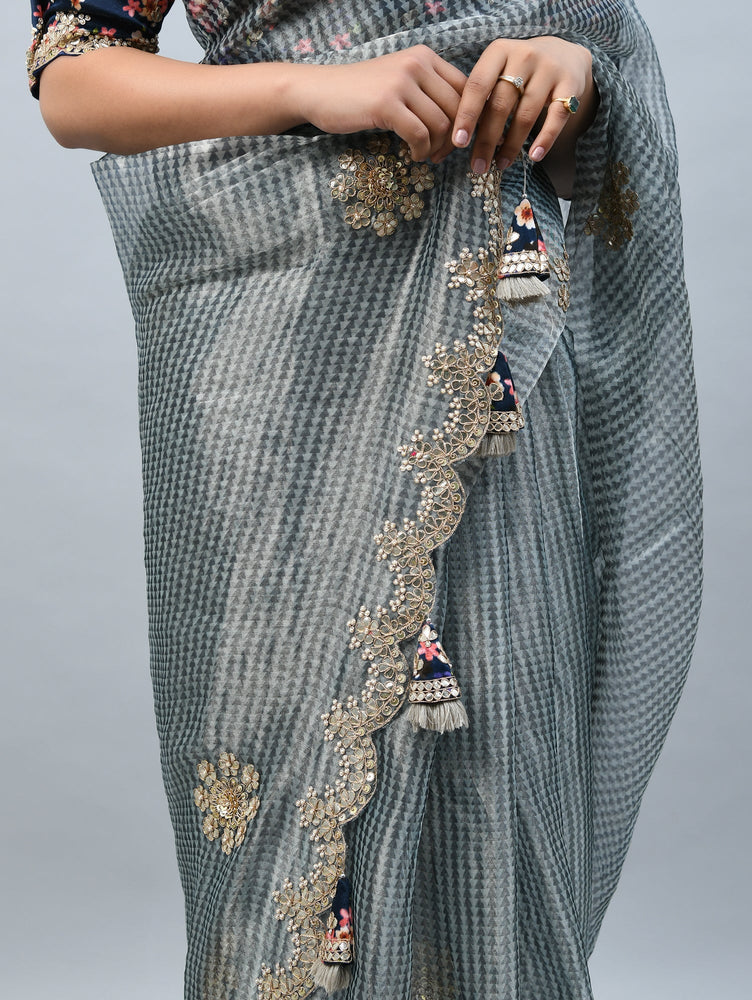 Grey Organza Weaving Saree with Gota Embroidery and Tussals