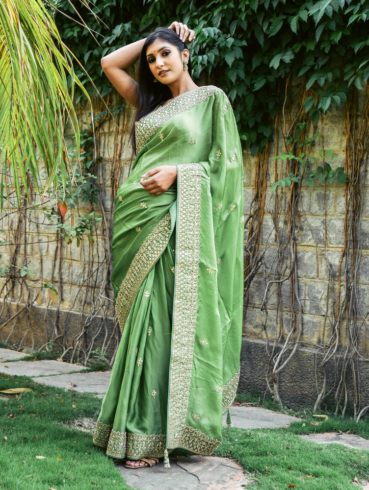 Green Gota Embellished Muslin Saree