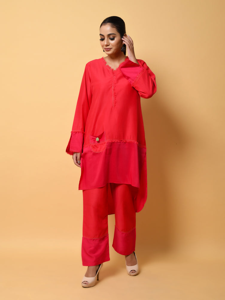 Red and Rani Pure Cotton Silk Co-ord