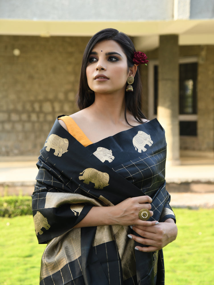 Black Checkered Elephant Border Saree