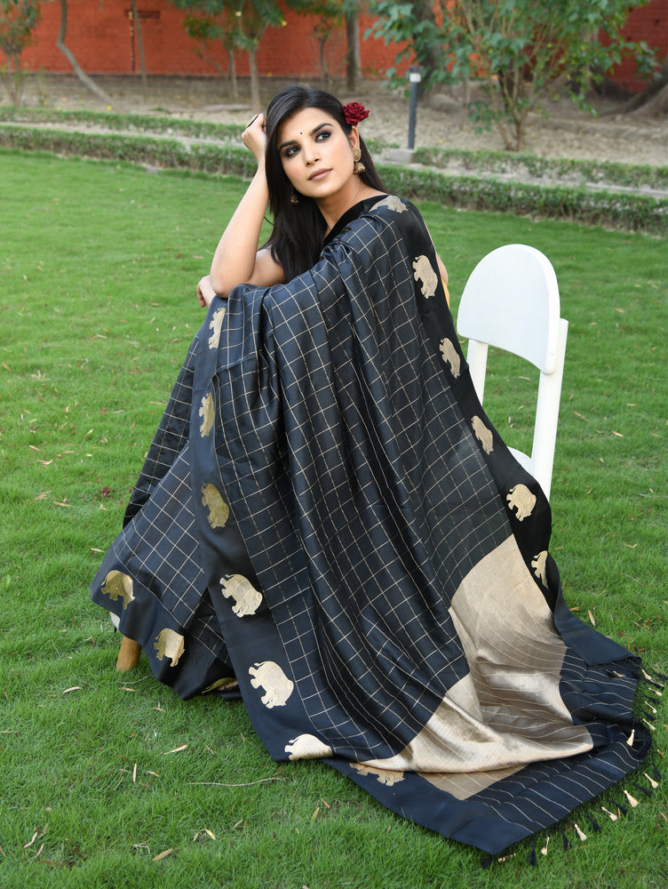 Black Checkered Elephant Border Saree