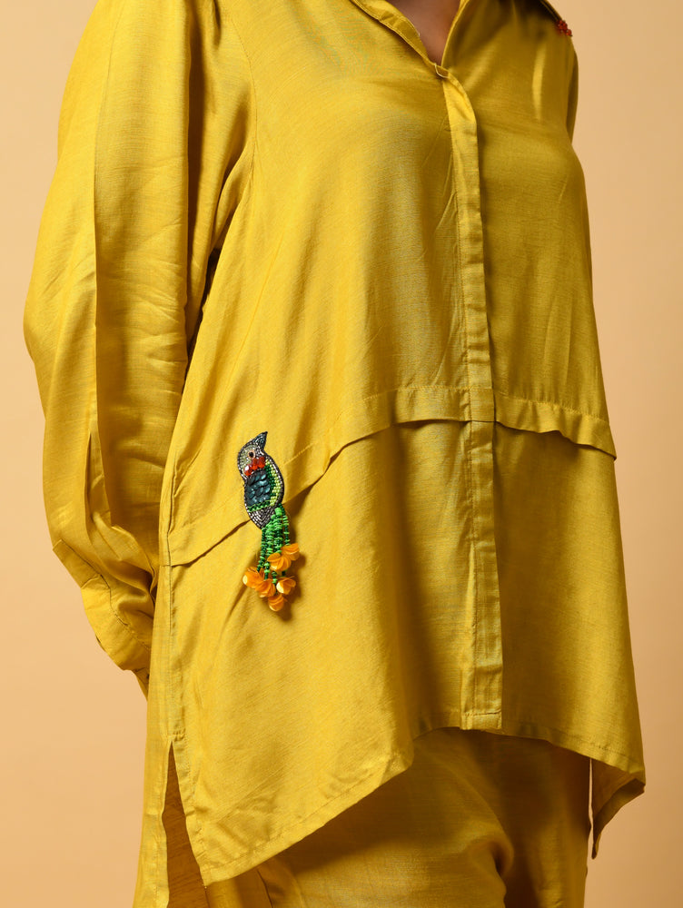 Yellow Muslin Silk Co-ord Set with Hand-Embroidered Bird Motif