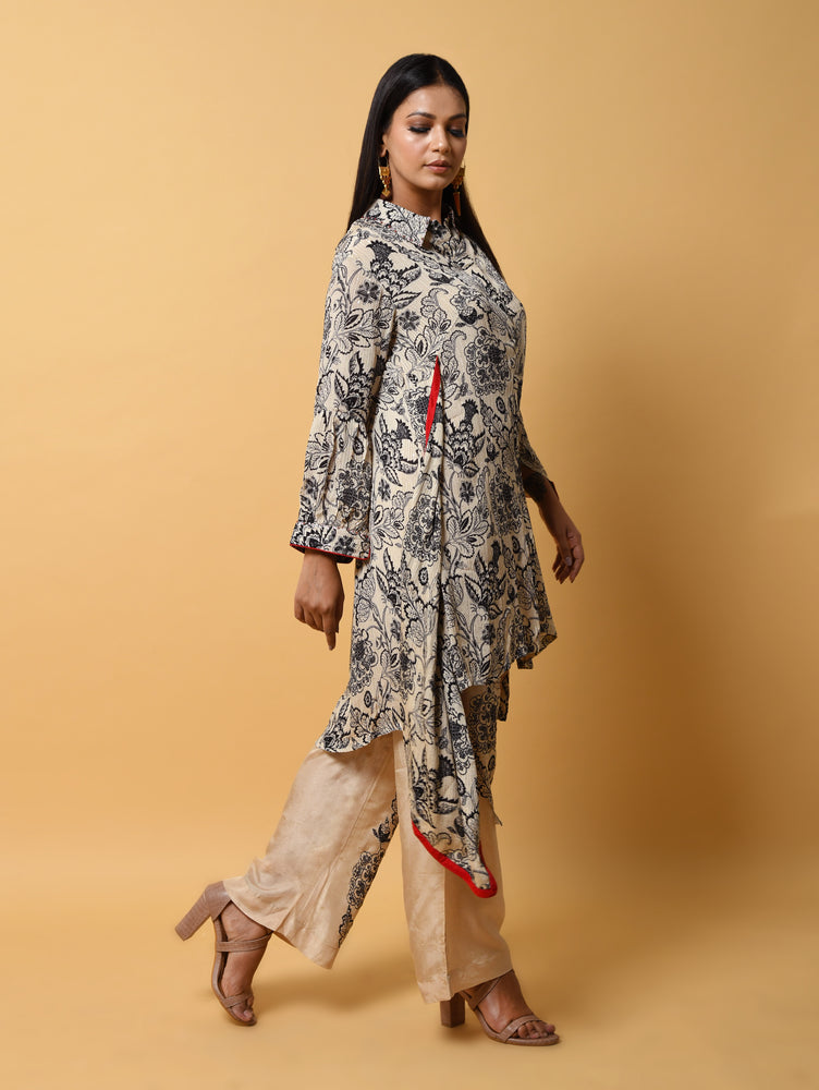 Black and Beige Pure Georgette Co-ord with Sequence Printed Shirt and Epic Printed Pants