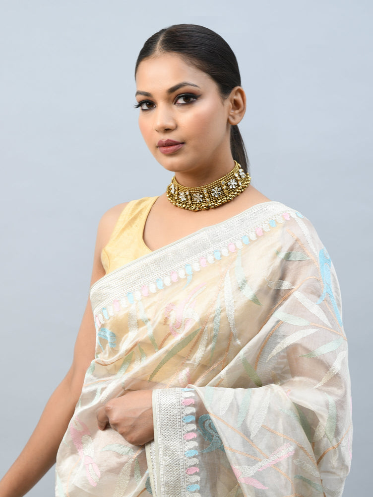 Cream Tissue Saree with Resham Embroidery and Bird Motifs