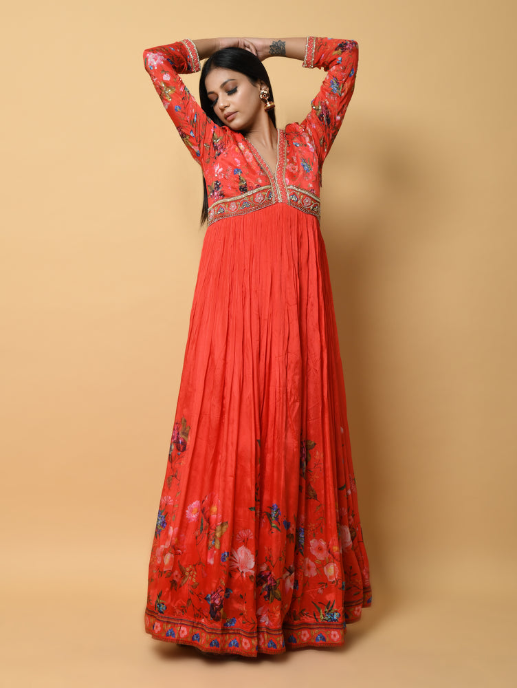 Red Pure Georgette Digital Printed Gown with Hand Embroidery and Pure Net Dupatta