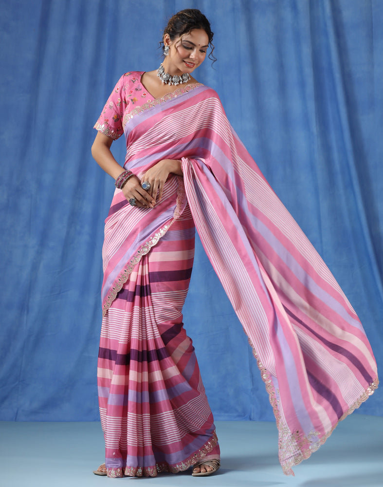 Vibrant Pink Muslin Saree with Multi-coloured Stripes and Mirror Scallop Border