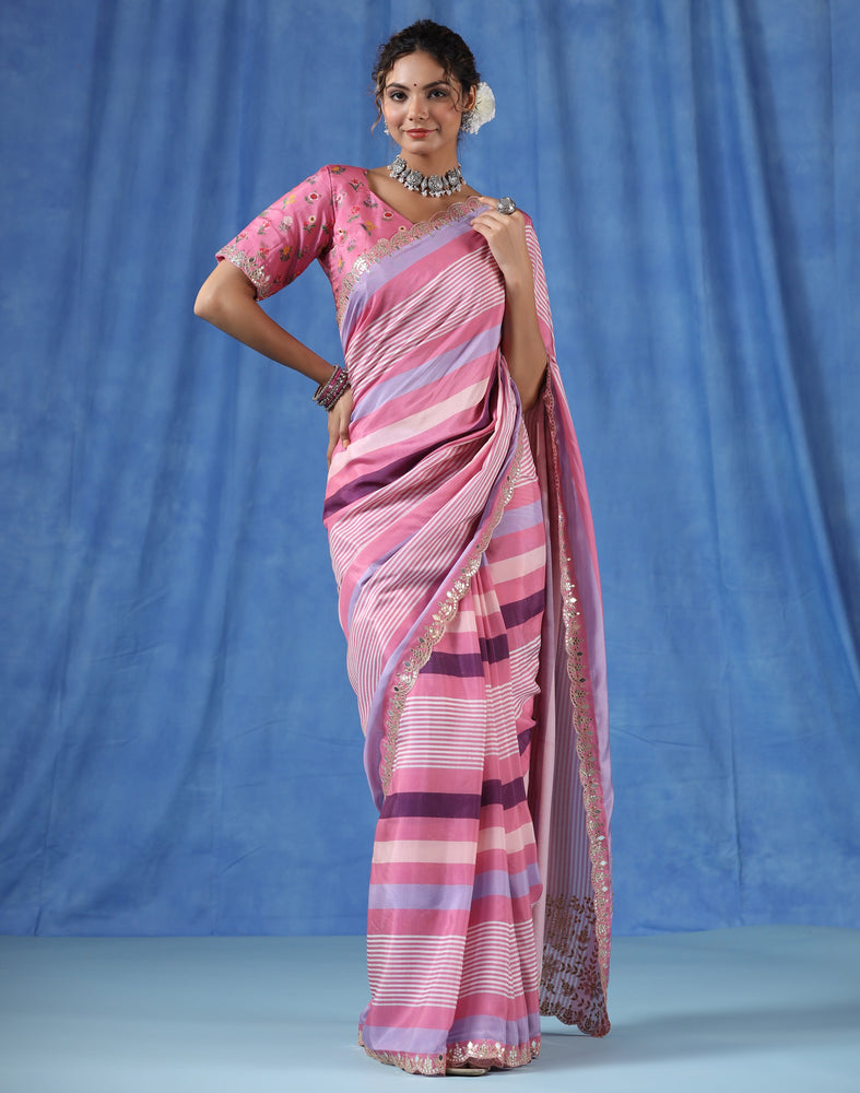Vibrant Pink Muslin Saree with Multi-coloured Stripes and Mirror Scallop Border