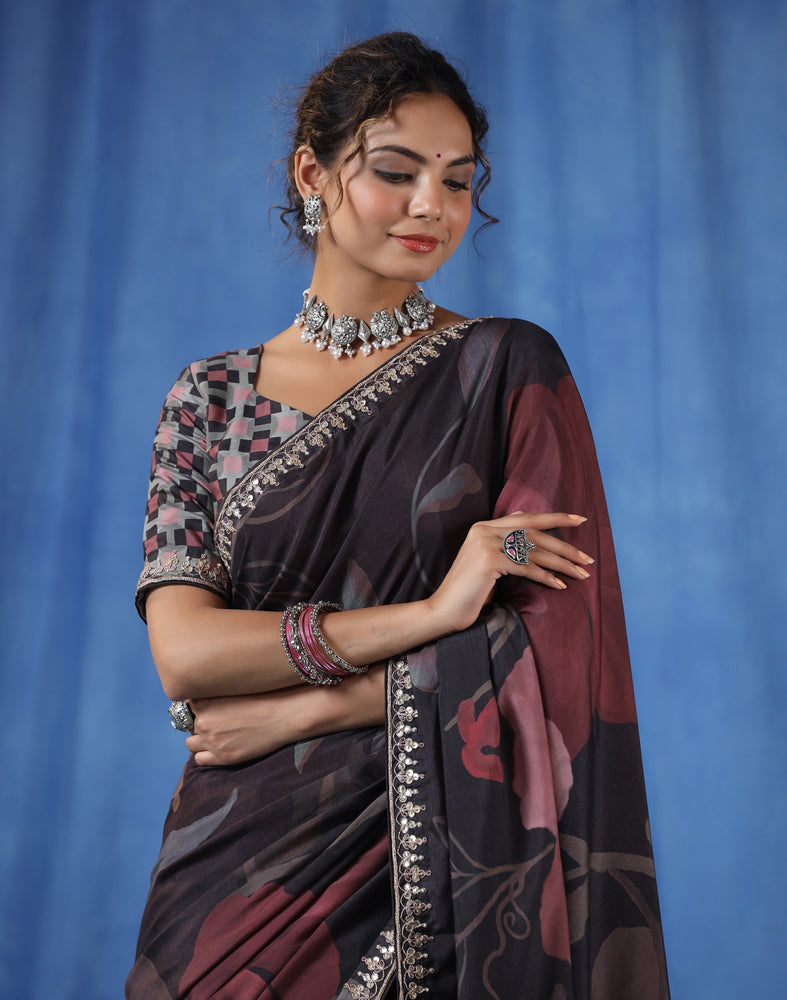 Stunning Brown Muslin Saree with Bold Flower Prints and Sequence and Ari Border