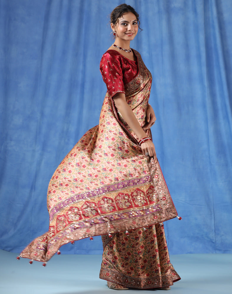 Enchanting Dusty Peach Satin Crepe Saree with Timeless Kashmiri Prints and Handcrafted Aari Work