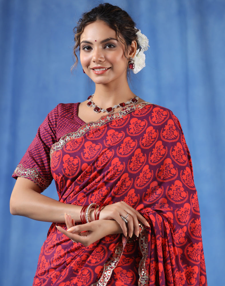 Exude Elegance with Wine Muslin Saree - Handcrafted Splendor for Every Occasion