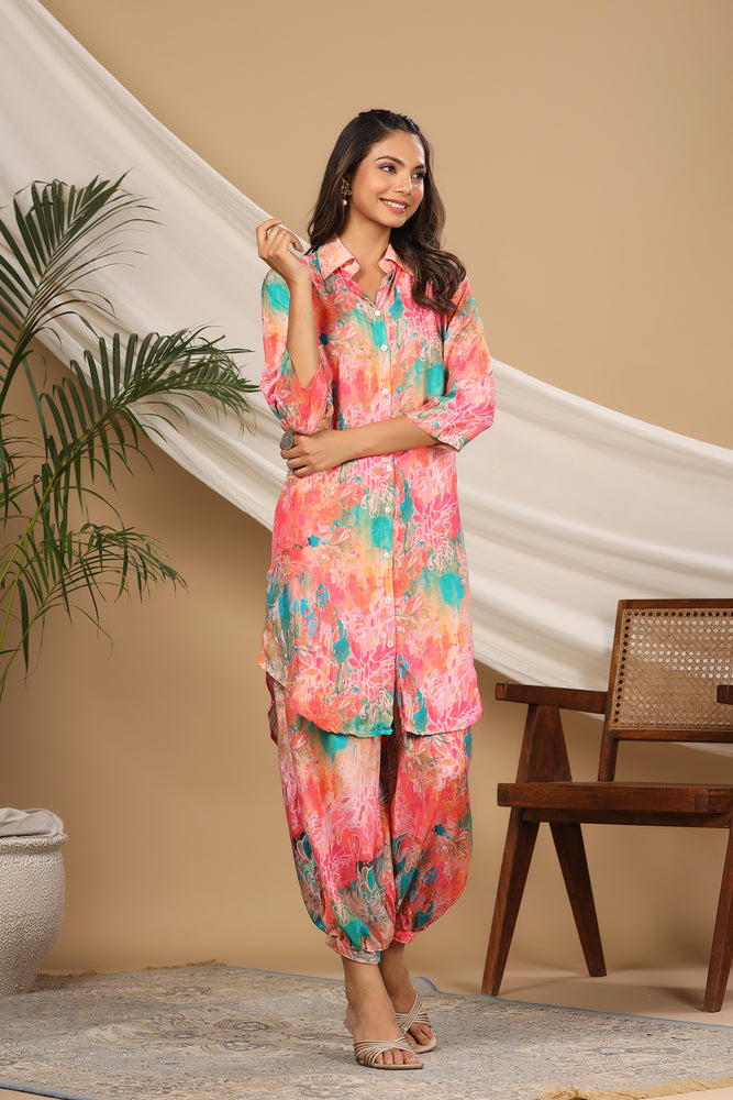 Pink Multicoloured Muslin Printed Co Ord Set  With Dhoti Pants